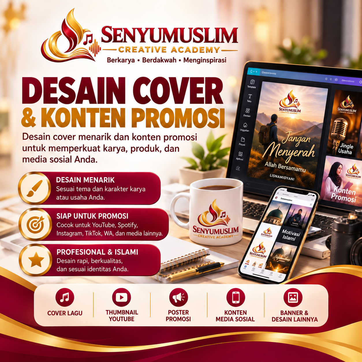 Desain Cover dan Konten Promosi Senyumuslim Creative Academy